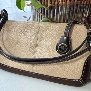 Dooney & Bourke Beige Leather Shoulder Bag with Chocolate Brown Trim
